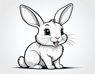 Fototapeta premium A cute cartoon white rabbit character with big ears and a happy smile. Adorable bunny illustration, sitting isolated on a light background.
