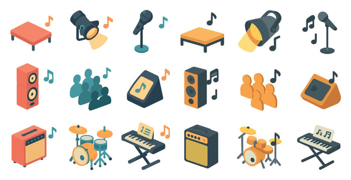 Music and audio isometric icons set – instruments, sound, entertainment symbols