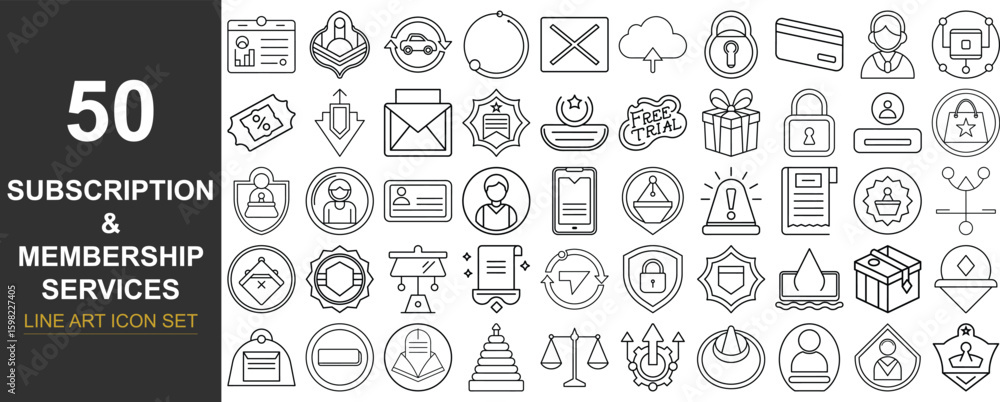 Poster abstract graphic representing subscription and membership services with various icons and elements i