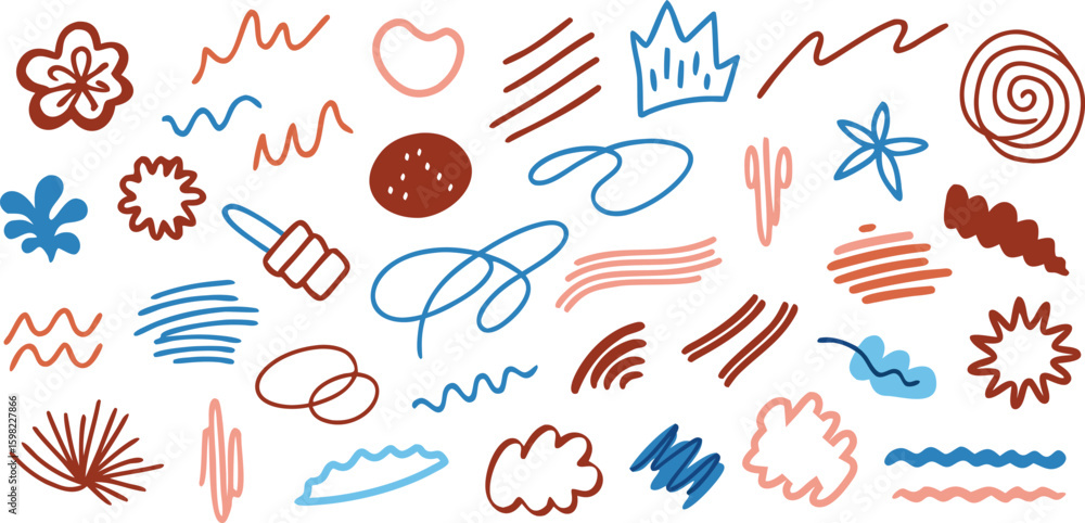 Poster vector art of a delightful collection of handdrawn doodles and abstract shapes in various colors, pe