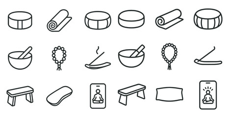 Zen and meditation outline icons set – linear, calming, mindfulness symbols