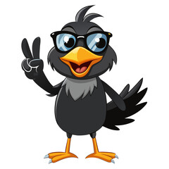 Obraz premium Funny 3D cartoon Crow in sunglasses smiling and showing peace sign