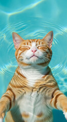 Happy hour in water pool, floating on blue water pool, tabby orange cat in a blue pool with curious eyes and wet fur2