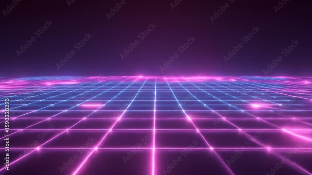 Poster synthwave grid animation: retro-futuristic neon landscape with dynamic perspective shifts