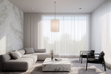 Fototapeta premium Living room interior design with white marble wall, lighting & landscape background