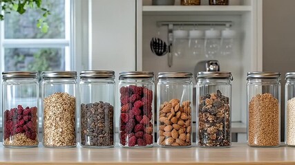 Jars filled with grains, nuts, seeds, and dried fruits on a wood counter with a window and cabinets in the background