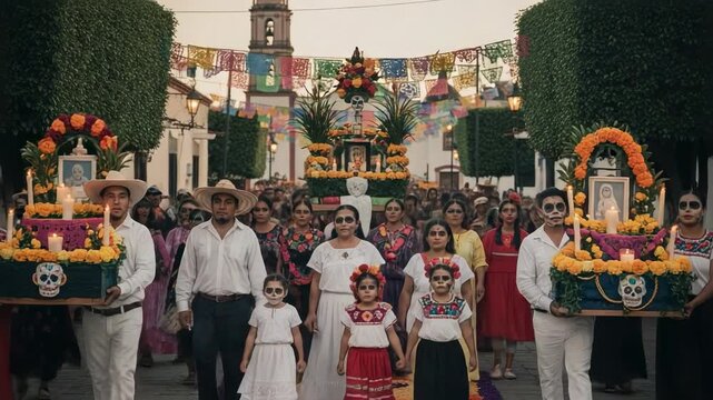 A large family and community in a procession for the Day of the Dead celebration in Mexico. People with calavera makeup carry ofrendas down a decorated street.