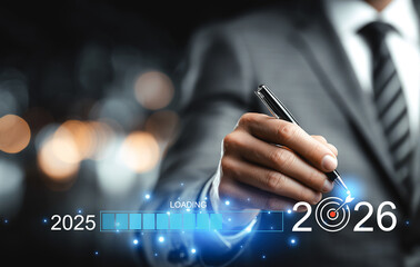 Businessman in suit holding pen with digital interface showing progress bar loading from 2025 to 2026 and target icon. Planning and goal achievement concept, generative ai.