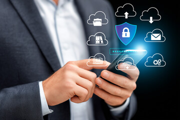 Businessman using smartphone with cloud storage, file sharing, security and email icons. Studio conceptual technology photography. Cloud computing and data protection concept, generative ai