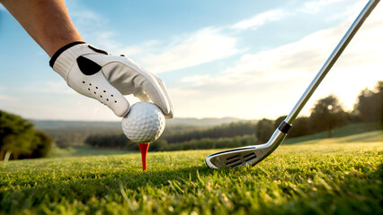 Golfer's hand in white glove places ball on tee, club ready, golden hour light on green course