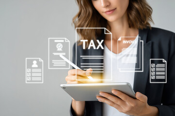 A young woman in business attire uses a digital tablet with a stylus, interacting with virtual icons representing tax forms, invoices, and checklists on a light gray background, generative ai