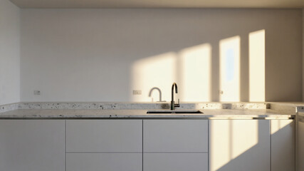 Minimalist Kitchen Countertop at Dusk With Fading Daylight and Shifting Ambient Light