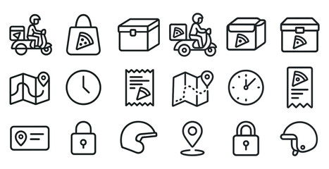 Fototapeta premium Food delivery line icons set – outline, maps, transportation and location symbols