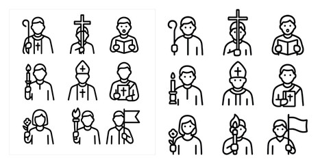 Religious line icons set – outline, clergy, faith, church symbols and emblems