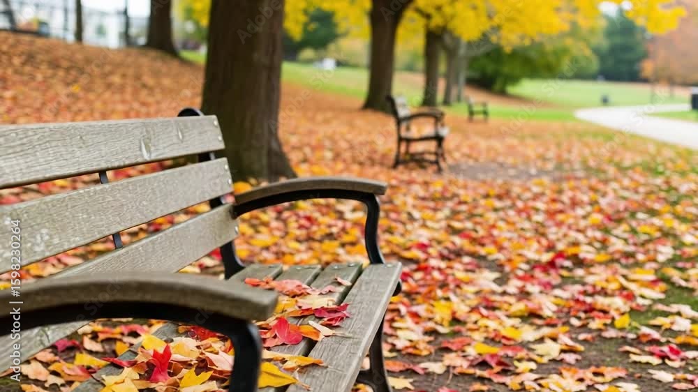 Aufkleber empty park bench covered in colorful autumn leaves. tranquil fall scene in a public park with a path