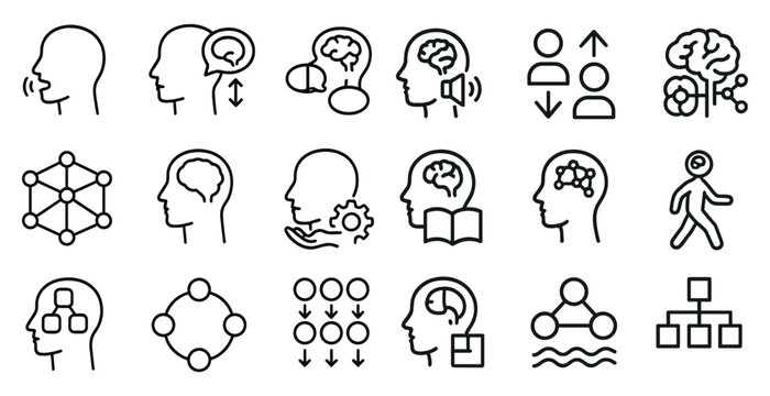 Mental health outline icons set &ndash; brain, psychology, cognitive therapy symbols