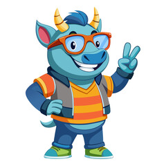 Vibrant 3D render Smiling full body character of Rhinoceros with sunglasses making a peace sign