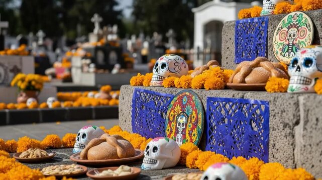 Traditional Dia de los Muertos ofrenda in a cemetery. An altar with sugar skulls, pan de muerto, and marigold flowers.