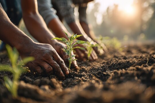 People planting seedlings together in a field as the sun sets. Use environmental projects
