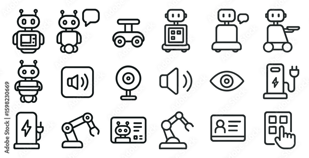 Poster robotics and technology line icons set – outline, linear, ai and automation symbols