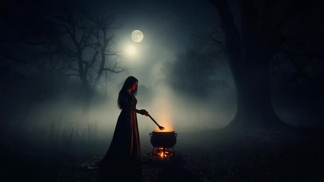 Mystical witch brewing a magic potion in a cauldron. A woman performing a dark ritual in a spooky forest under the full moon.