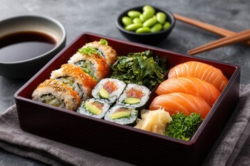 Variety of sushi rolls and sashimi with edamame and soy sauce.