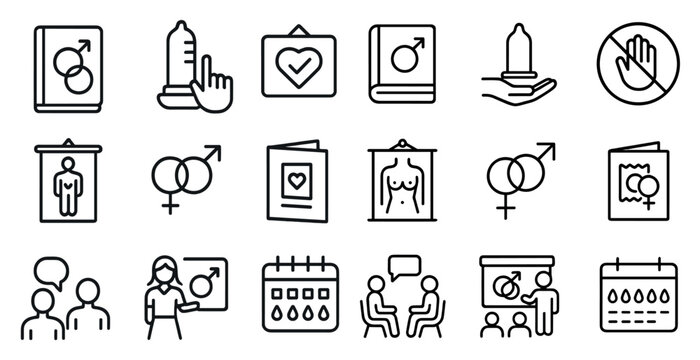 Sex education outline icons set – classroom, sexual health, learning graphics