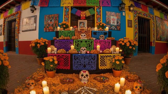 Traditional Mexican Day of the Dead altar. Colorful ofrenda with marigolds, candles, and pan de muerto at night.
