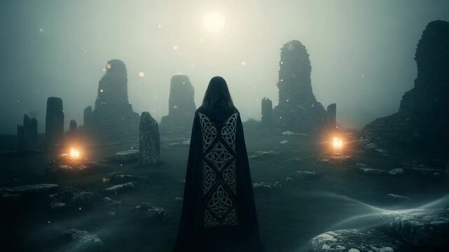 A pagan priestess in a dark hooded cloak stands amidst ancient stone ruins. Mystical fantasy landscape with magical lights and a full moon.