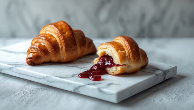 Two croissants, one filled with jam, on a marble surface. Pastry, breakfast, and sweet treat. Bakery and bakery goods. The concept of breakfast and baked goods.