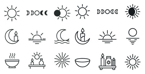 Sun and moon linear icons set – outline, celestial, day and night symbols
