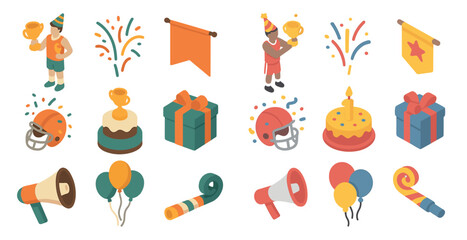 Celebration and party isometric icons set – festive, event, party planning graphics