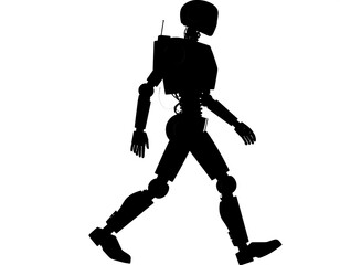 Silhouette of a bipedal automaton in motion showcasing articulated limbs a boxy torso and a helmetlike head against a stark white backdrop