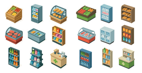 Supermarket and grocery isometric icons set – retail, food, shopping essentials