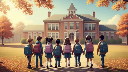 A group of diverse elementary school children with backpacks walk towards a school building in autumn. Friends holding hands on their way to class.