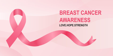 Pink Ribbon Banner for Breast Cancer Awareness Month. Vector Illustration of Hope, Strength, and Love for Women's Health Campaign in October
