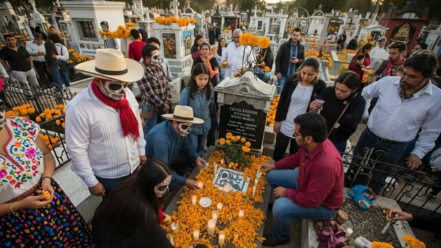 Family and friends celebrating Day of the Dead in a cemetery. People with skull makeup decorating a grave with marigolds and candles.