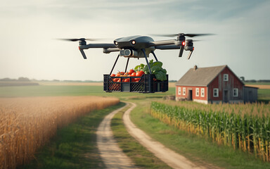 Fototapeta premium A drone delivers a crate of fresh produce over a sunflower field near a farmhouse.