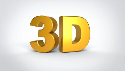 Vibrant golden 3D text '3D' stands prominently with sleek reflections on a minimalist white background, embodying advanced digital design and three-dimensional rendering technology.