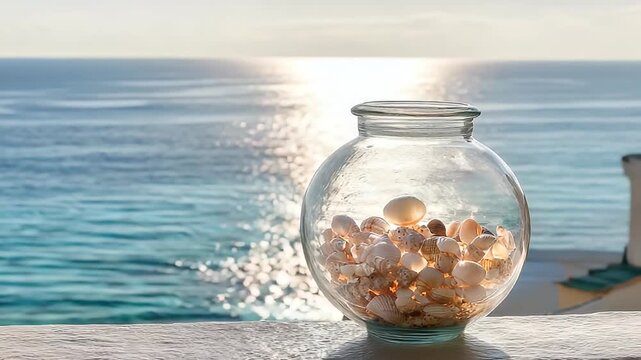 Seashells fill glass jar on balcony, ocean view and bright sunlight create a scenic, coastal aesthetic