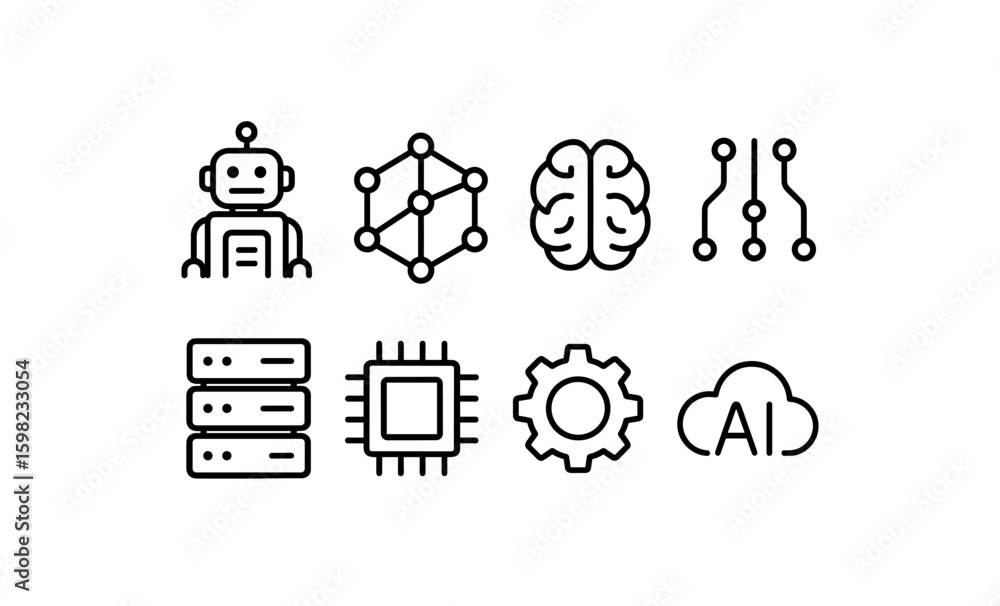 Poster minimalistic ai and technology icons featuring neural networks and cloud computing
