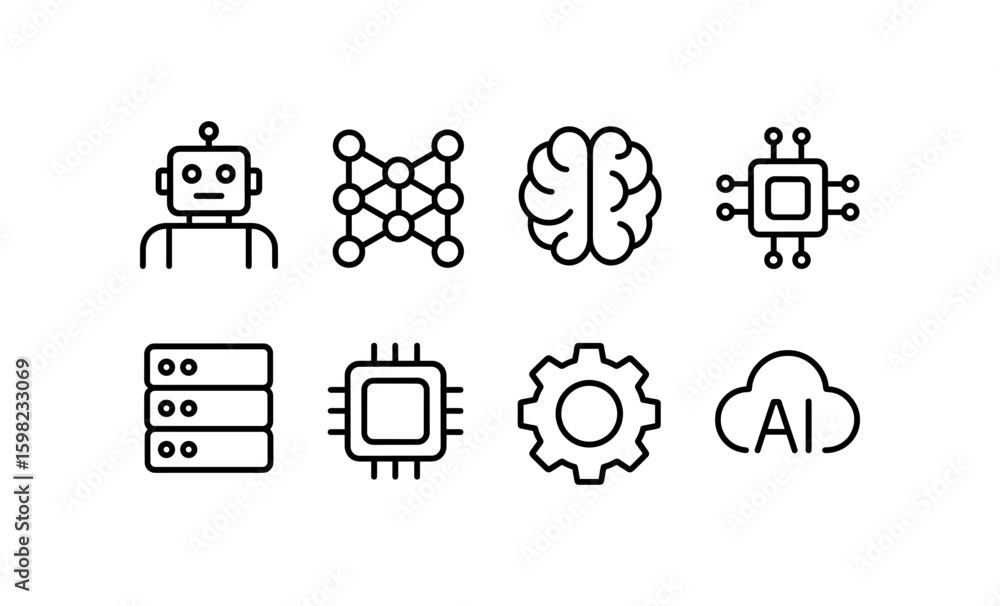 Poster artificial intelligence icons set: neural network, robotics, tech components in linear style