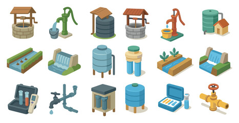 Water and hydration isometric icons set – 3d, fluid, filtration and conservation symbols