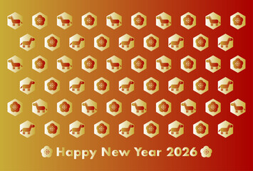 お正月と馬アイコンの2026年午年年賀状（亀甲模様）