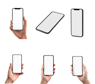set of hand holding mobile blank touch screen. isolated with clipping path on white background. Cutout PNG