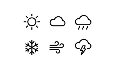 Obraz premium Minimalist weather icons set featuring sun, cloud, rain, snowflake, wind, thunder