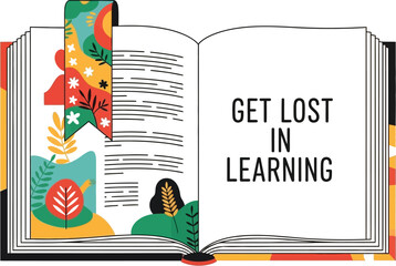 Vector art of an open book with the message get lost in learning encourages a love for reading