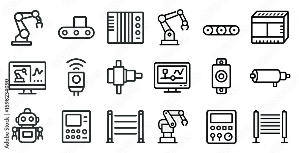 Poster industrial technology line icons set – automation, robotics, tech symbols