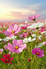 Fototapeta premium Pink And White Cosmos Flowers In Field At Sunset