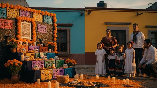 Hispanic family with children celebrating Day of the Dead in Mexico. Parents and daughters gather around a traditional ofrenda with marigolds and sugar skulls.